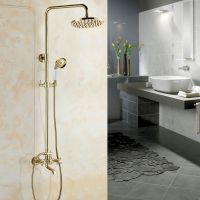 【LZ】✲  Luxo Gold Brass 2 Cross Handles Wall Mounted Banheiro Rain Shower Cabeça Banheira Torneira Set Telefone Forma Mão Spray mgf352