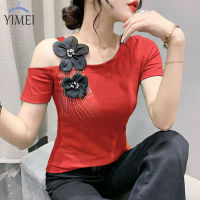 YIMEI เสื้อยืดผู้หญิงเปิดไหล่ลายดอกไม้3D,ฤดูร้อนผ้าฝ้ายแขนสั้นใหม่เสื้อยืดผู้หญิงสีแดงทันสมัยและสวยงาม