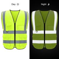 Reflective Safety Vest High Visibility Night Work Security sleeveless Yellow Vest Construction Workwear Zipper Pockets Adults