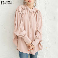 ZANZEA Spring Long Puff Sleeve Blouse Women Buttons Down Shirt Elegant Solid Pleated Work Blusas Femininas Loose Office OL Tops