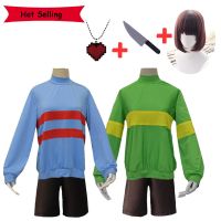 Anime Undertale Frisk Chara Cosplay Costume Andertail Sweatshirt High Collar Long Sleeve Clothes Shorts Knife Necklace Brown Wig