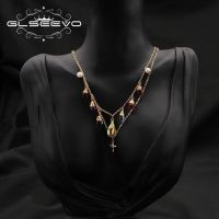 GLSEEVO Natural Freshwater Pearls Shining Colorful Crystals Double Deck Chain Necklace For Woman Crucifix Designer Jewelry