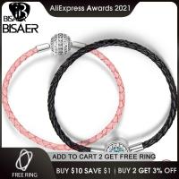 BISAER Real 925 Sterling Silver Pink Rope Leather Bracelets for Women Clear CZ Round Clasp Rope Bracelets Silver Jewelry ECB114