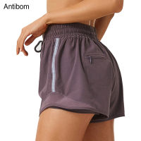 Antibom Yoga Womens Shorts 2 In 1 with Underwear Breathable Tights Fitness Gym Loose Sports Short Zipper Pocket Running Jogger