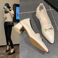 ❖卐 Genuine leather shoes for women 2023 spring and autumn new style shallow mouth French versatile high heels square toe small leather shoes that do not tire the mid-heel