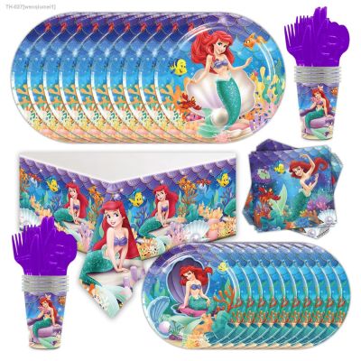 ﹍ New style Little Mermaid Ariel Theme Girl Birthday Party Paper Plate Napkin Tablecloth Disposable Tableware Kids Baby Shower Dec