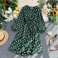 Neploe Polka Dot Print Women Dress French V Neck Drawstring Slim Waist Ladies Vestidos Vintage Puff Sleeve Female Dresses 49849