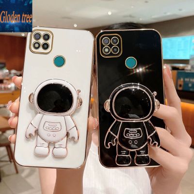 Gloden tree Folding Stand Holder Astronaut Phone Case for Huawei Y6 2019 Electroplate Soft Silicone Square Bracket Back Cover