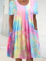 xixibeauty Plus Size Elegant Dress, Womens Plus Tie Dye Boat Neck Short Sleeve Pleated Midi Dress With Pockets