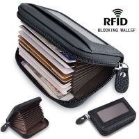 Men Wallet Credit Card Holder Genuine Leather RFID Blocking Zipper Pocket Black