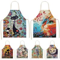 Cute Cat Colorful Printed Kitchen Aprons For Women Adults Home 53*65cm Cotton Linen Home Cleaning Cooking Delantal Cocina 46428