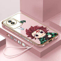 เคสใส่โทรศัพท์ฟรีสายคล้อง Y02A เคสสำหรับ Vivo Y02T การ์ตูนอะนิเมะผู้ฆ่าปีศาจ Tanjirou ปลอกลวดลายขอบสี่เหลี่ยมชุบหรูหราเคสโทรศัพท์ชุบเคสโทรศัพท์นิ่ม