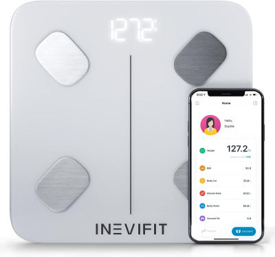 INEVIFIT Smart Body Fat Scale, Highly Accurate Bluetooth Digital Bathroom Body Composition Analyzer, Measures Weight, Body Fat, Water, Muscle, Visceral Fat &amp; Bone Mass for Unlimited Users (Eco-Wht)