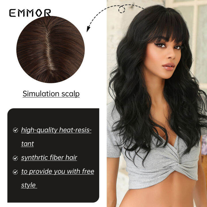 emmor-black-long-wave-wigs-with-bangs-for-women-วิกผมสังเคราะห์คุณภาพสูงคอสเพลย์ปาร์ตี้ผมสังเคราะห์ทนความร้อนธรรมชาติ