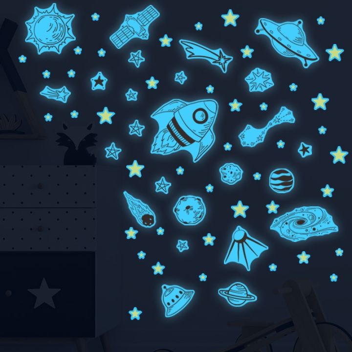 24-home-accessories-สติ๊กเกอร์ส่องสว่าง-space-stars-comets-spaceship-vintage-galaxy-glow-in-dark-self-adhesive-vinyl-stickers-space-travel