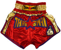 THAISMAI BS-1156 กางเกงมวยไทย ผ้าต่วนแดง ปัก THAISMAI -  BOXING SHORTS BS-1156 BLUE SATIN THAISMAI