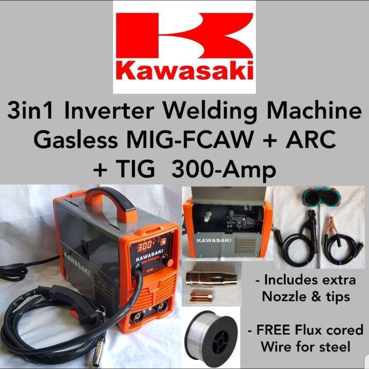 KAWASAKI 3in1 Inverter Welding Machine Gasless MIG FCAW+ARC+TIG 300Amp with Free Flux Cored