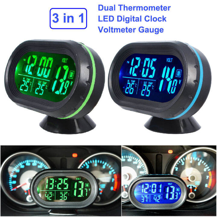 Car LED Digital Clock Dual Temperature Voltmeter Detector Auto