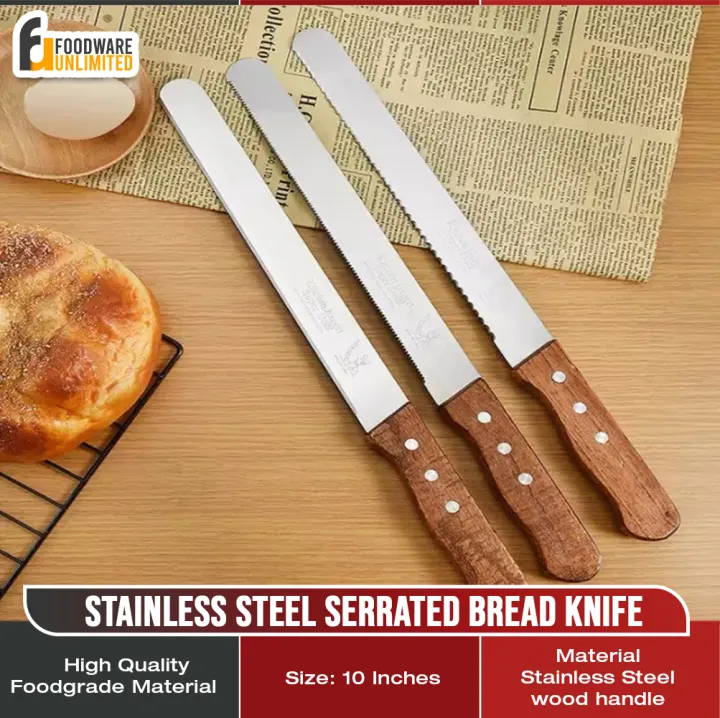 10 Inch Stainless Steel Serrated Bread Knife Toast NonSlip Wooden
