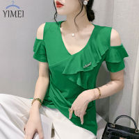 YIMEI เสื้อผู้หญิงเปิดไหล่2023ผู้หญิง,เสื้อผ้าระบายขอบสีพื้นผ่าเสื้อแขนสั้นรัดรูปฤดูร้อน