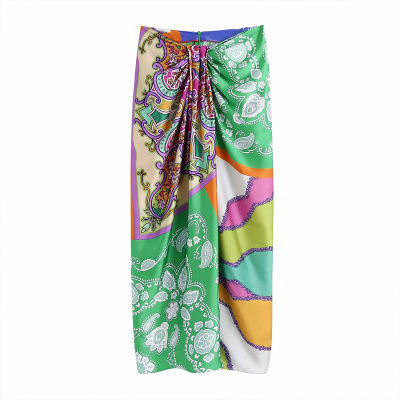 Women Skirts  Za Summer Ruched Vintage Print Midi Long Skirt Woman Elegant High Waist Back Zipper Split Female Skirts