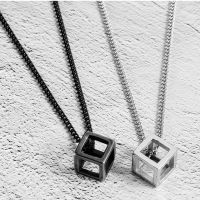 Hot Retro Hollow Cube Pendant for Men Stainless Steel Square Vintage Necklace Punk Geometric Collier 24 quot; Chain