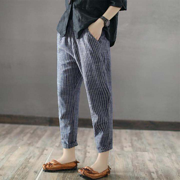 จัดส่งฟรี-zanzea-women-plus-size-pants-striped-office-ol-high-waist-pencil-trousers