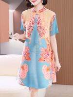 ◑♣❀ Aiden001 Chinese Style One-Button Stand-Up Collar Women ummer Mother Plus Size Girl Loose Fitting High Stretch Non-Iron Summer Dress S3247