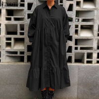 Fashion Women Long Shirt Dress 2021 ZANZEA Casual Baggy Work Vestidos Kaftan Autumn Lapel Neck Long Sleeve Solid Loose Sundress