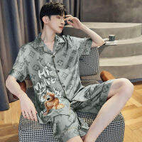 Factory Outlet Gifts Pajamas MenS Summer Bingshi Short -Sleeved Furnishing New Real Silk Boys Home Service