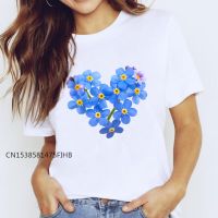 T-Shirts Premium Top For Women Floral Elegant Blue Mujer Camisetas Clothing Print Lady Graphic T Shirt Ladies Female Tee T-Shirt