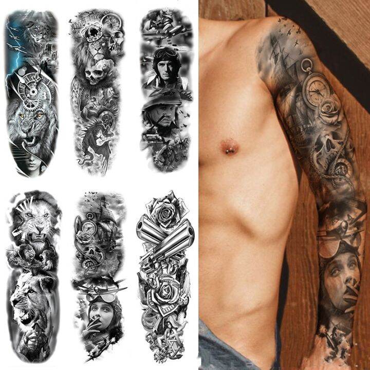 hot-dt-fake-tatoo-tiger-wolf-flowers-large-arm-sticker-sleeve-semi-permanent-man