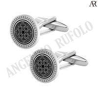 ANGELINO RUFOLO Cufflink(คัฟลิงค์) ดีไซน์ Crystal Warrior Shield กระดุมข้อมือคัฟลิ้งโรเดียมคุณภาพเยี่ยม ตัวเรือนสีเงิน/ดำ ประดับตกแต่งด้วย Crystal