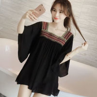 Plus Size Blouse Women Korean Style Fashion Square Neck Top Casual Loose Black Shirt