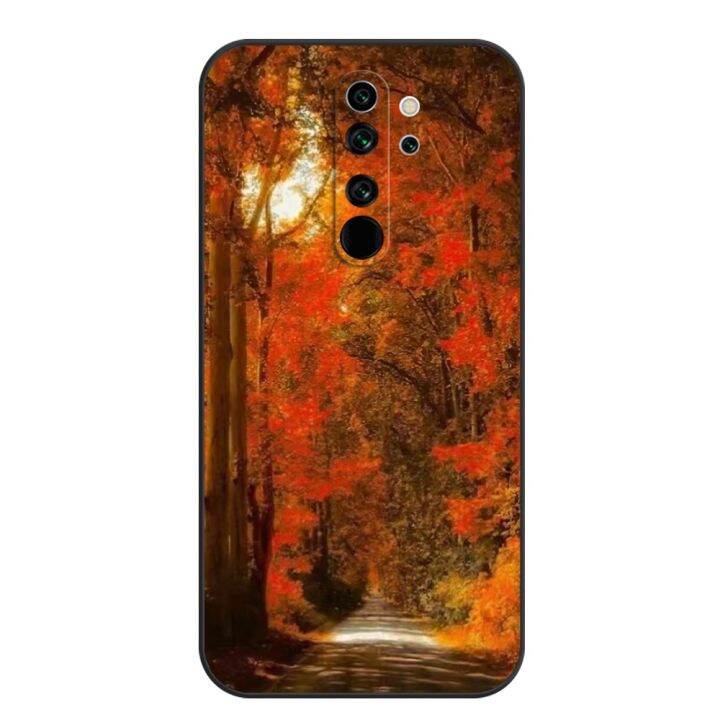 classy-for-xiaomi-redmi-note-8-pro-case-soft-silicon-phone-back-cover-black-tpu-case-fox-autumn-leaves