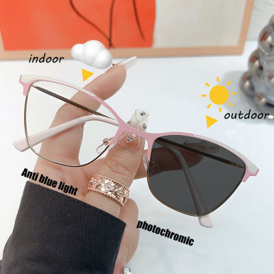 Photochromic Anti Radiation Glasses Woman Eyeglasses For Women Men Cat Eye Metal Anti Blue Light Eyeglasses Frames Retro Transition Eyewear Shades Anti UV Discoloration Sunglasses