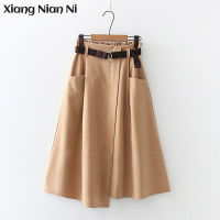 XIANG NIAN NI 2022สีทึบ Cal Art Pocket เอวสูง Slim Irregular Long Skirt