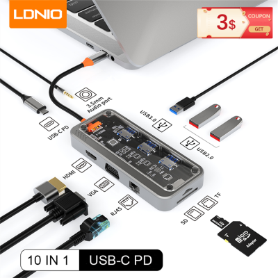 LDNIO USB C ฮับชนิด C เป็น HDMI 4K สำหรับ M2 M1แมคบุ๊กโปรแอร์อะแดปเตอร์แท่นวางมือถือกับ PD การ์ดความจำ VGA RJ45คอมพิวเตอร์ส่วนบุคคลอุปกรณ์เสริม Feona