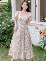 【YF】 Women Floral Short Sleeve Sqaure Collar Midi Dress Summer Fashion Elegant Casual Beach 2023 Korean Bodycon Festival