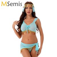 【YD】 Belly Outfits Adult Arabian Costume Lace-up Tassel Top Skirt T-back Headband Set