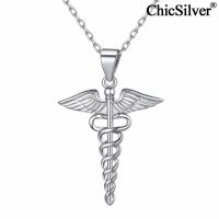 ChicSilver Caduceus Symbol of Medicine Necklace 925 Sterling Silver Pendant Necklace for Doctor or Nurse Men Women Jewelry Gift