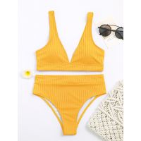 BBB Women’s Solid Color V-neck High Waist Bikini Set Split Swimsuit Beachwear