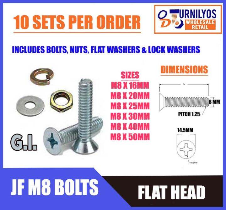 10 SETS M8 JF BOLTS WITH NUTS, LOCK WASHERS AND FLAT WASHERS G.I