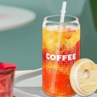 400ml Milk Glass Cup Transparent Letter/Pattern Cup With Straw Bamboo Cover Heat Resistant Ice Coffee Juice Water Cup For Gifts