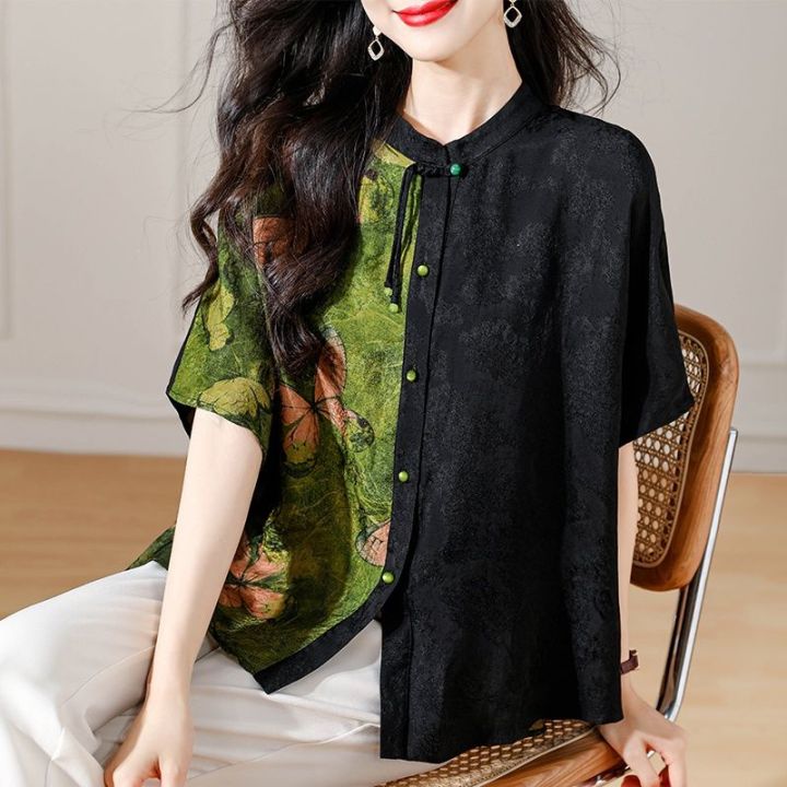 เสื้อเชิ้ตผู้หญิง-เสื้อเชิ้ตปลายสูงเปิดพุงสีตัดกันเสื้อยืดผู้หญิงขนาดใหญ่สไตล์เกาหลีมาใหม่