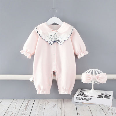 Baby Jumpsuits Infant Girls Cotton Peter Pan Collar Rompers+Hairband+Bibs 3pcsset Newborn Clothes Sets 0-2Y