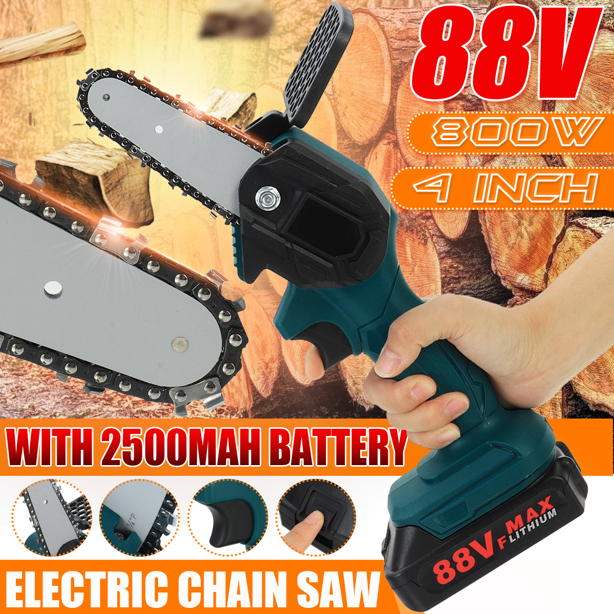 1080W 88V Electric Chain Saw Wood Cutter Mini One-Hand Saw Woodworking Cordless