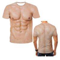 3D-printed flesh-colored muscle pattern  mens short-sleeved top  summer round neck T-shirt