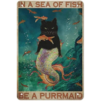 แมวดำโลหะโปสเตอร์-เมอร์เมดโลหะสัญญาณดีบุกในทะเลของปลาเป็น Purrmaid-บ้านครัวบาร์คาเฟ่ห้องน้ำตกแต่งผนังของขวัญ