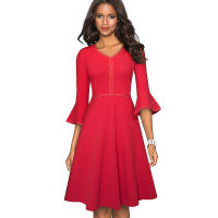 Nice-forever Autumn Elegant Pure Color with Flared Sleeve Dresses Cocktail Party Women Swing A-line Dress A221